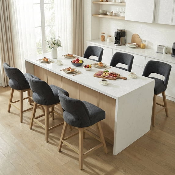 Usaint 27" 360° Swivel Counter Height Bar Stools Set of 6, Upholstered with Backrest and Sturdy Rubberwood Legs for Kitchen Island, Breakfast Bar, Gray