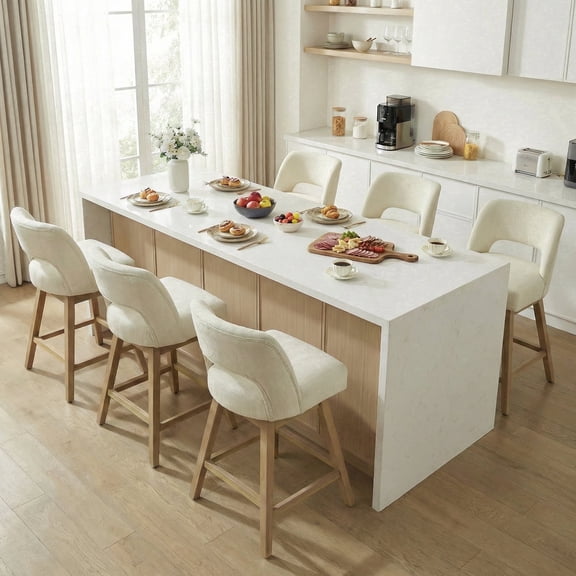 VKNOW 27" 360° Swivel Counter Height Bar Stools Set of 6, Upholstered with Backrest and Sturdy Rubberwood Legs for Kitchen Island, Breakfast Bar,Beige