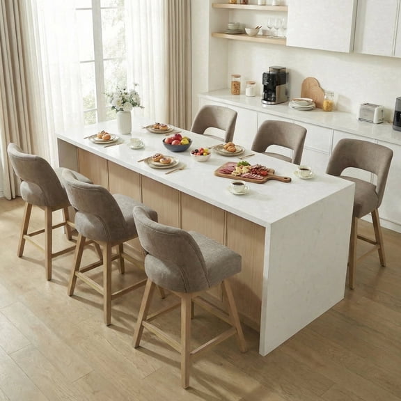 VKNOW 27" 360° Swivel Counter Height Bar Stools Set of 6, Upholstered with Backrest and Sturdy Rubberwood Legs for Kitchen Island, Breakfast Bar,Brown