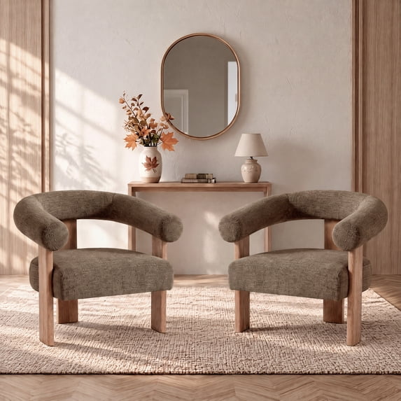 Usaint 25" Oversized Barrel Accent Chairs, Upholstered Chenille Chairs, Cozy Reading Chairs for Living Room, Bedroom & Apartment, Set of 2, Brown