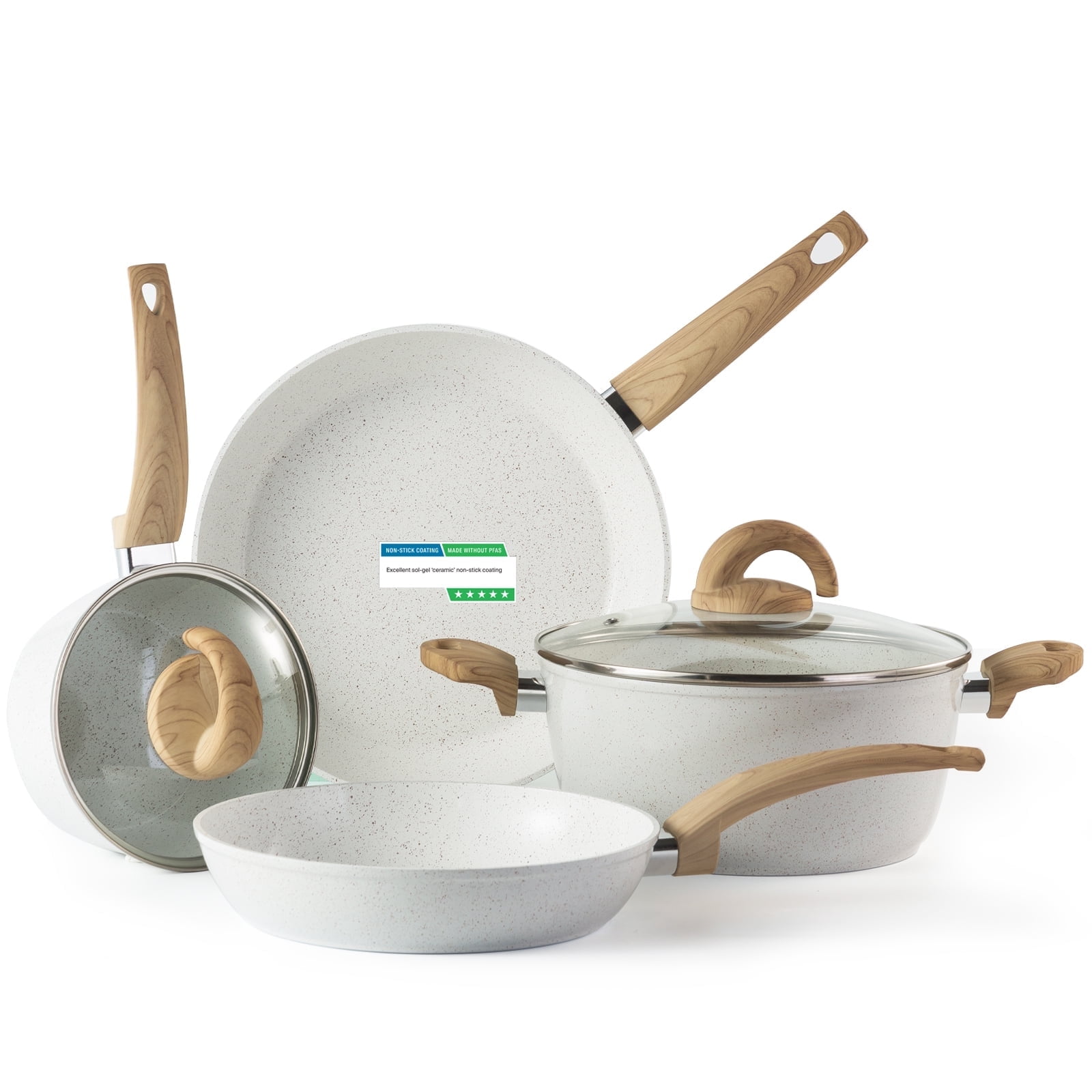 White Ceramic Non-Stick Cookware Set with Wood Handles