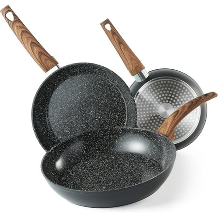 Vkoocy 8" 9.5" 11" Ceramic Frying Pan Skillet Set Non Stick, Nonstick Pan Set Induction Cookware Set, Black Granite