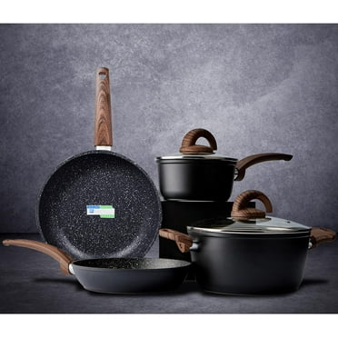 Vkoocy Ceramic Cookware Set Pots and Pans Set Non Stick, Induction Kitchen Cooking set 6 Pcs Black Granite