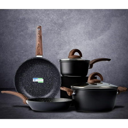 Vkoocy Ceramic Cookware Set Pots and Pans Set Non Stick, Induction Kitchen Cooking set 6 Pcs Black Granite