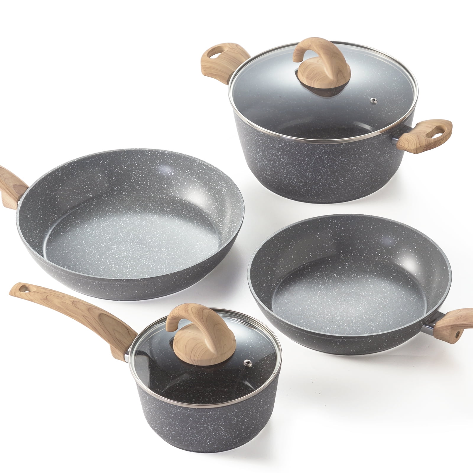 Vkoocy Pots and Pans Set Ceramic Nonstick, 6 Pcs Grey Granite Induction