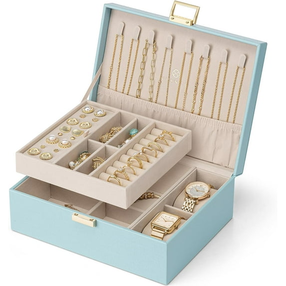 Vlando 2 Layer Jewelry Box Large Jewelry Organizer for Women Removable Jewelery Tray with Watch Pillow for Necklace Earrings Rings Bracelets Jewelry Boxes for Christmas Gift (Blue)