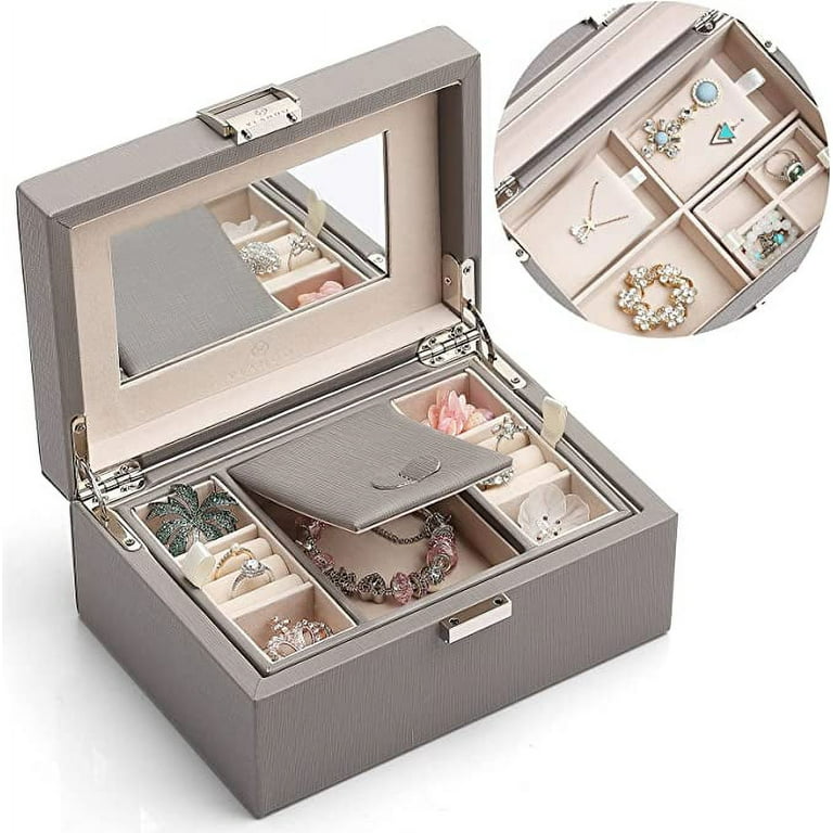Wattne Jewelry Box for Women Girls Gift, Travel Jewelry Organizer Large 2 Layer with Removable Tray, PU Leather Velvet Display Jewellery Holder with Mirror
