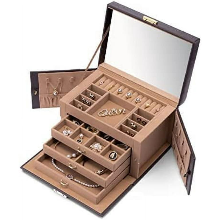 Lockable Leather Jewelry Box with Mirrored for Necklace Ring