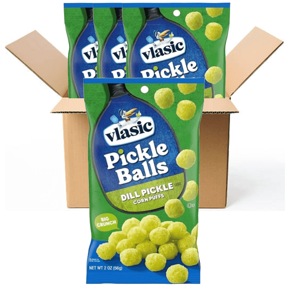 Vlasic Pickle Balls Delicious Dill Pickle Flavored Corn Puffs, Fresh 2 Oz. (Box Of 4)
