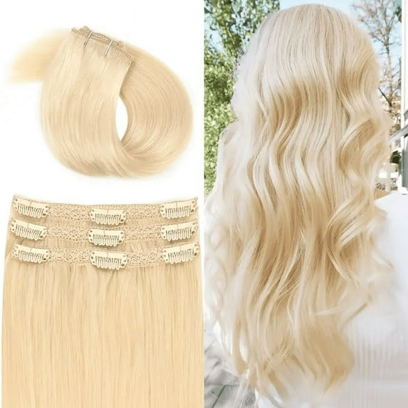 Vlasy Human Hair Extensions 12 Inch Lace Weft Clip in Hair Extensions Light Blonde Clip in Extensions Straight Real Human Hair for Women 3Pcs 35 Grams