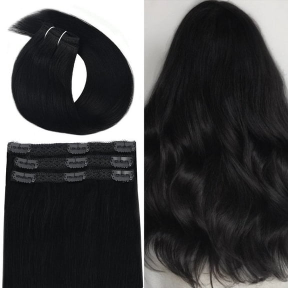Vlasy Human Hair Extensions 16 Inch Lace Weft Clip in Hair Extensions Jet Black Clip in Extensions Straight Real Human Hair for Women 3Pcs 45 Grams