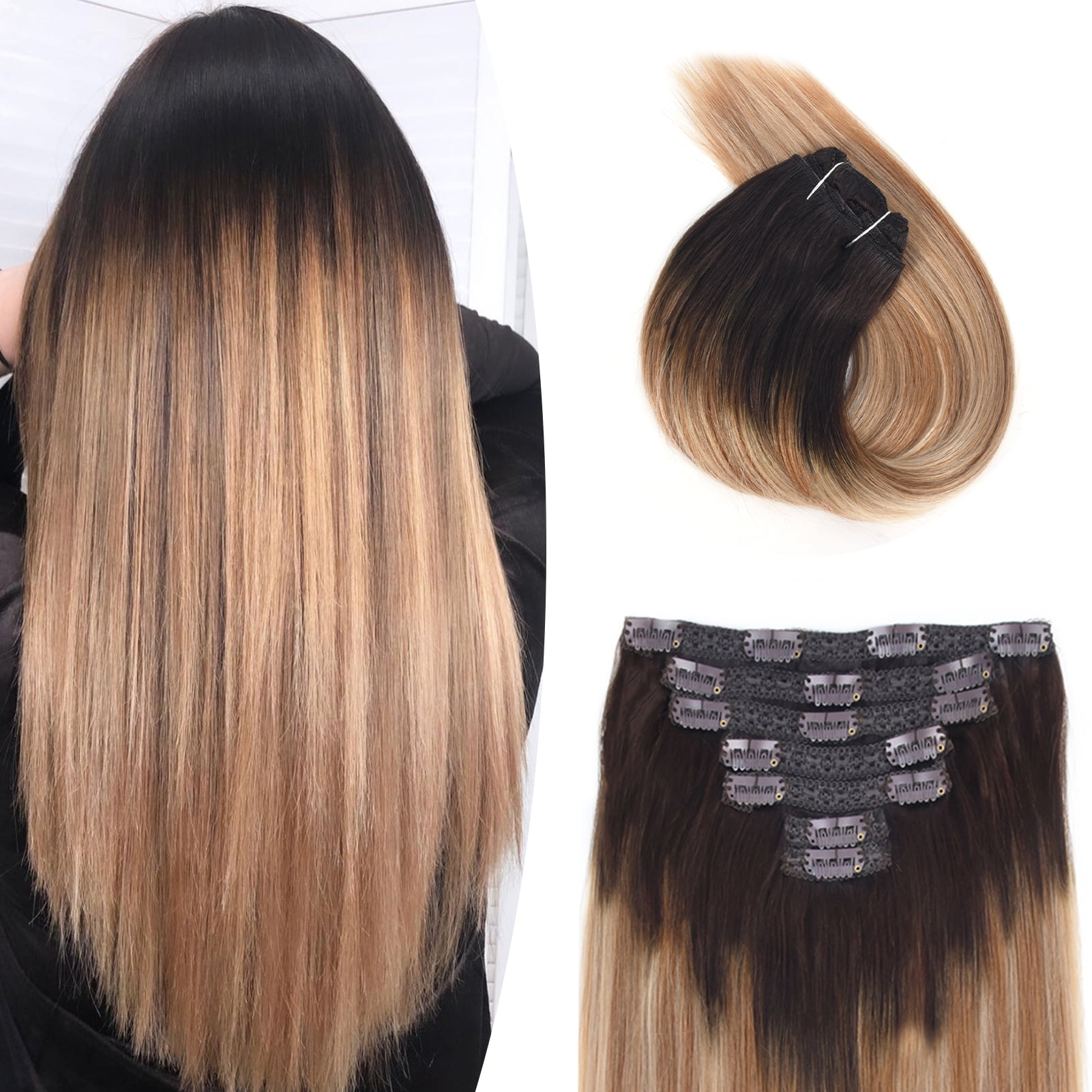 Vlasy Straight Clip In  Hair Extensions 16inches Real Human Hair 7Pcs Clip In T2-27+T2-60# Human Hair Extensions