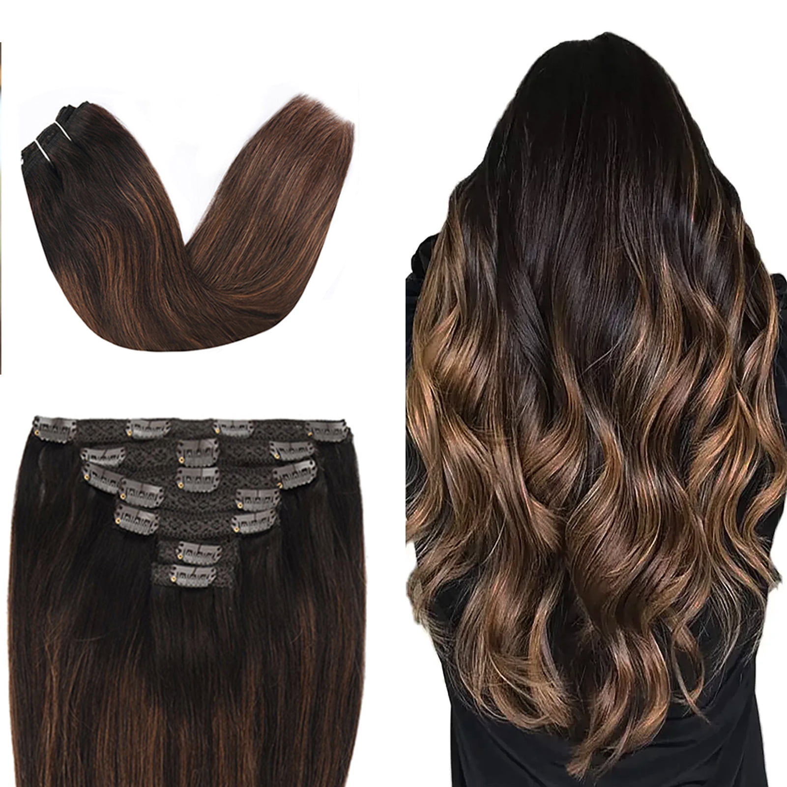 Vlasy Straight Clip In  Hair Extensions 16inches Real Human Hair 7Pcs Clip In T2-6+2# Human Hair Extensions