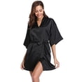 thumbnail image 1 of Vlazom Women's Kimono Robes Short Satin Pure Color Bridal Party Robe with Oblique V-Neck Black, 1 of 3