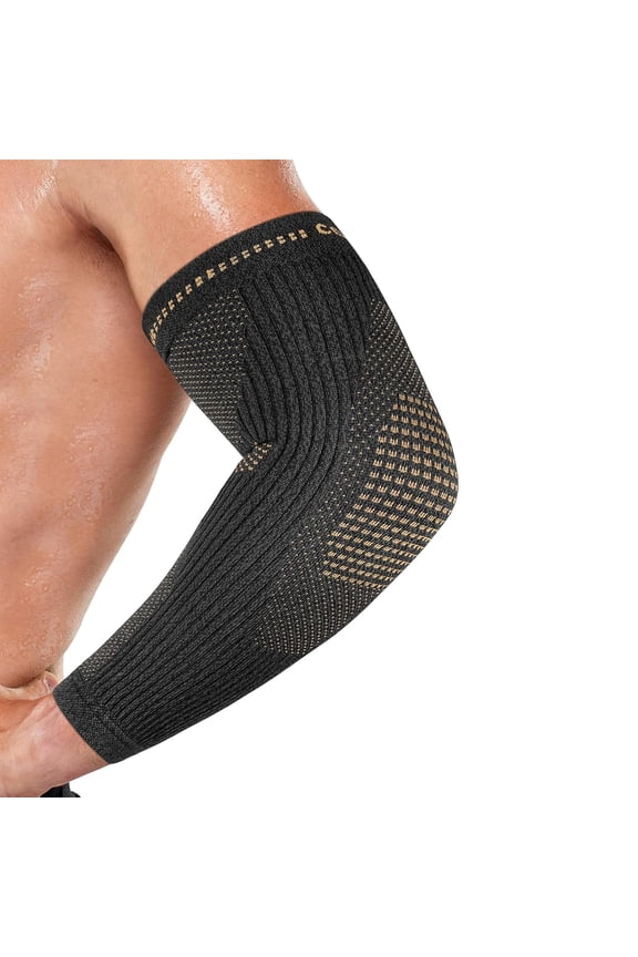 Copper Elbow Compression Arm Sleeve - Tennis & Golfers Elbow Support Brace, Extends to Forearm for Tendonitis, Bursitis, Arthritis, Wider Fit Hugs Joint, Arm Swelling & Pain Relief (Single)-M