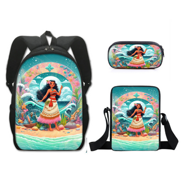 Vlemua 3 PCS Moana Movie Backpack Schoolbag Set, 16.5" Moana Cartoon Figure Large Capacity Multifunction Backpack Back to School Gifts for Students