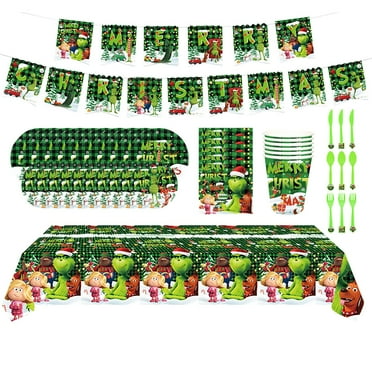 Vlemua Christmas Carnival Funny Grinch Christmas Theme Party Decorations Plates Tissue Paper Cups Pull Flags Christmas Dinnerware Set Ideal Christmas Decorations for Kids