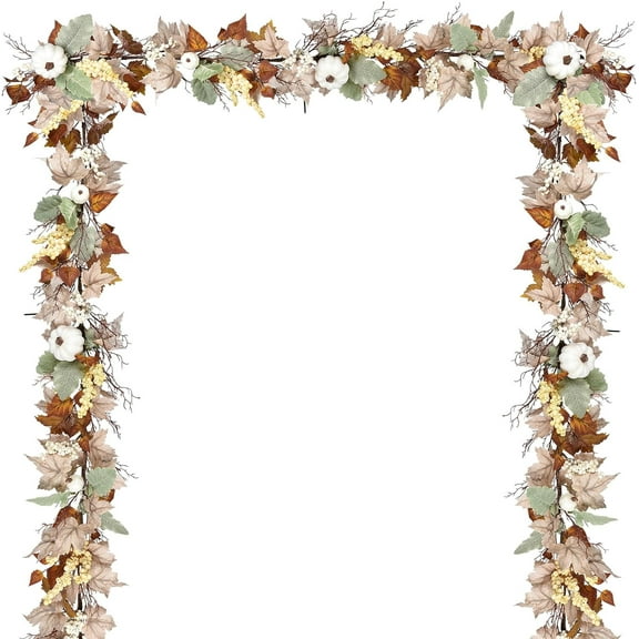 Vlemua Fall Garland Maple Leaf, 5.9Ft Hanging Vine Garland White with Pumpkins and Berries Thanksgiving Decor for Home Wedding Fireplace Party Christmas (White&Brown)