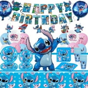 Vlemua Stitch Birthday Party Decorations Set, Including Happy Birthday Banner, Balloons, Plates,Paper Towels,Tableclothpaper Cup, Stitch Anime Cartoon Theme Ornament for Birthday Party