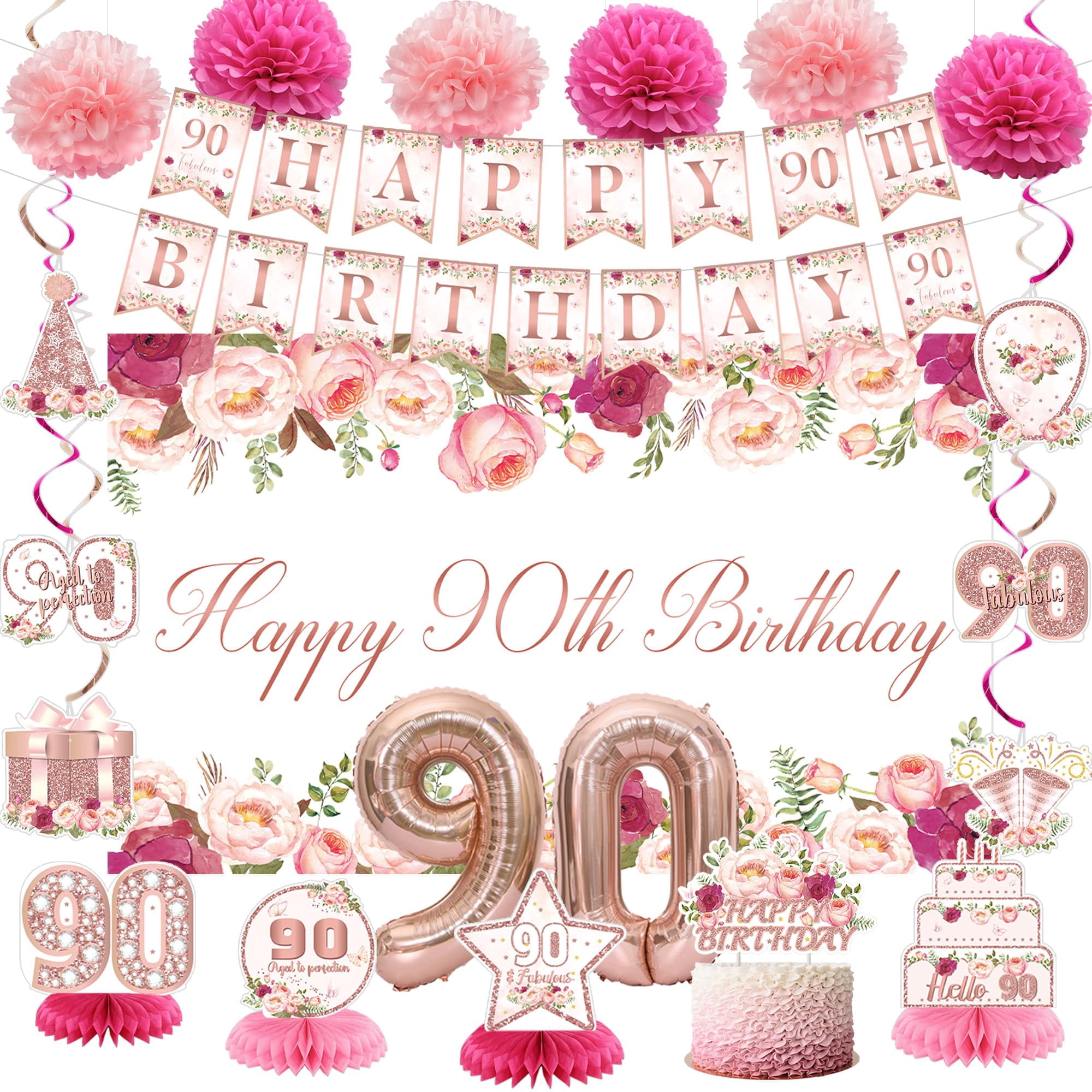 Vlipoeasn Flower 90th Birthday Decorations for Women, Rose Gold 90th ...