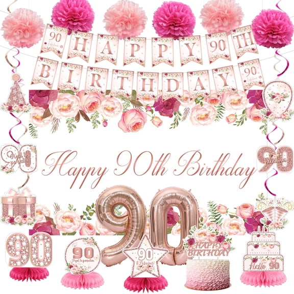 Vlipoeasn Flower 90th Birthday Decorations for Women, Rose Gold 90th Birthday Backdrop Banner, Cake Topper, Honeycomb, Hanging Swirl for Party, Cheers to 90 Years Old Party Supplies Y102