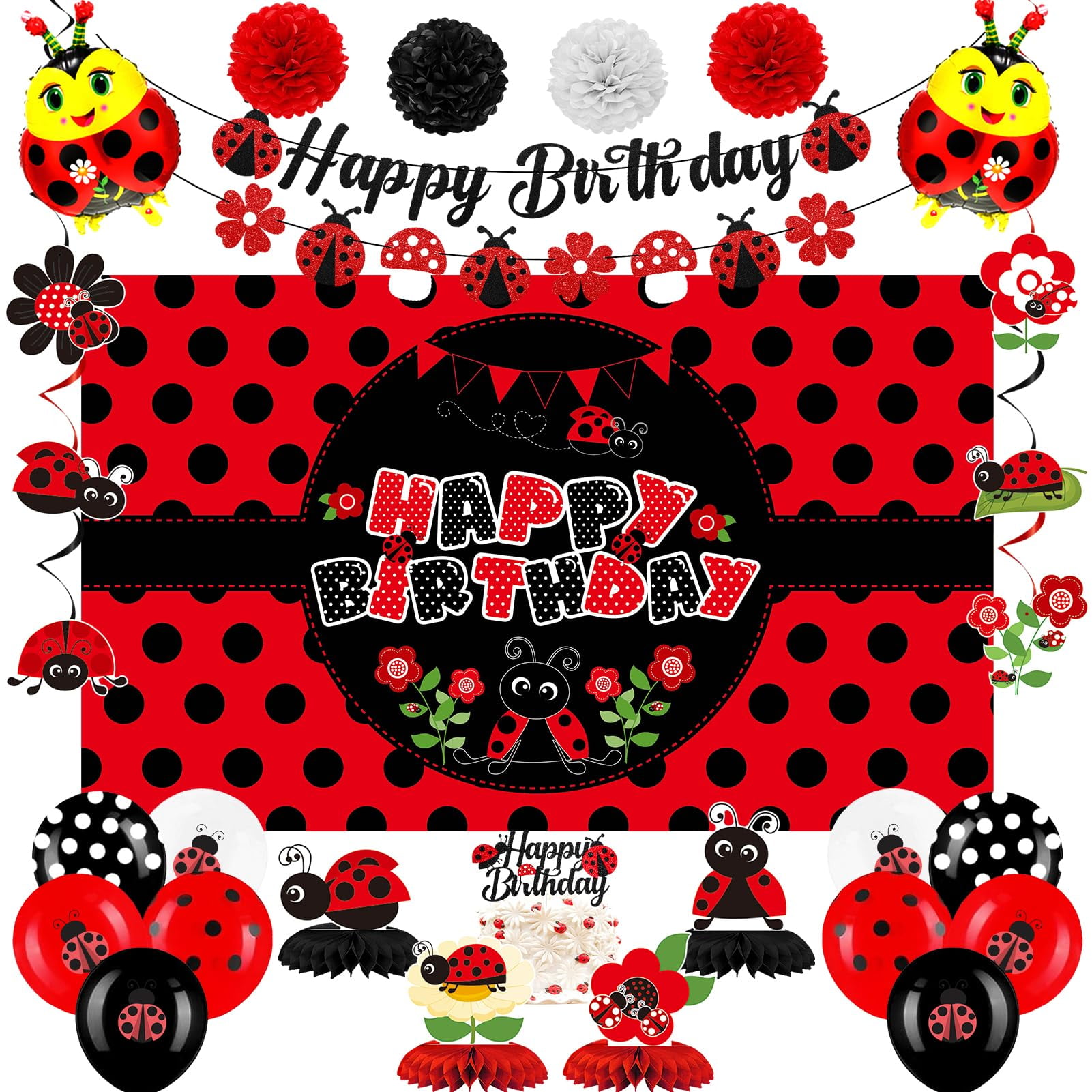 Vlipoeasn Ladybug Birthday Decorations for Girls, Red Black Ladybug ...