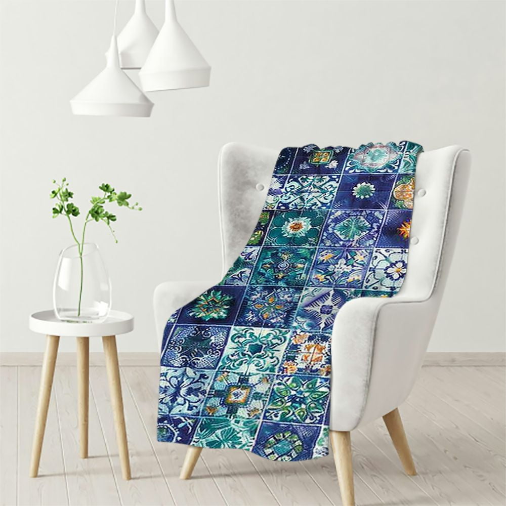 Vllo0ord Ethnic Throw Blanket, Traditional Mosaic Azulejo Portuguese Cultural Ceramic Tiles Folk