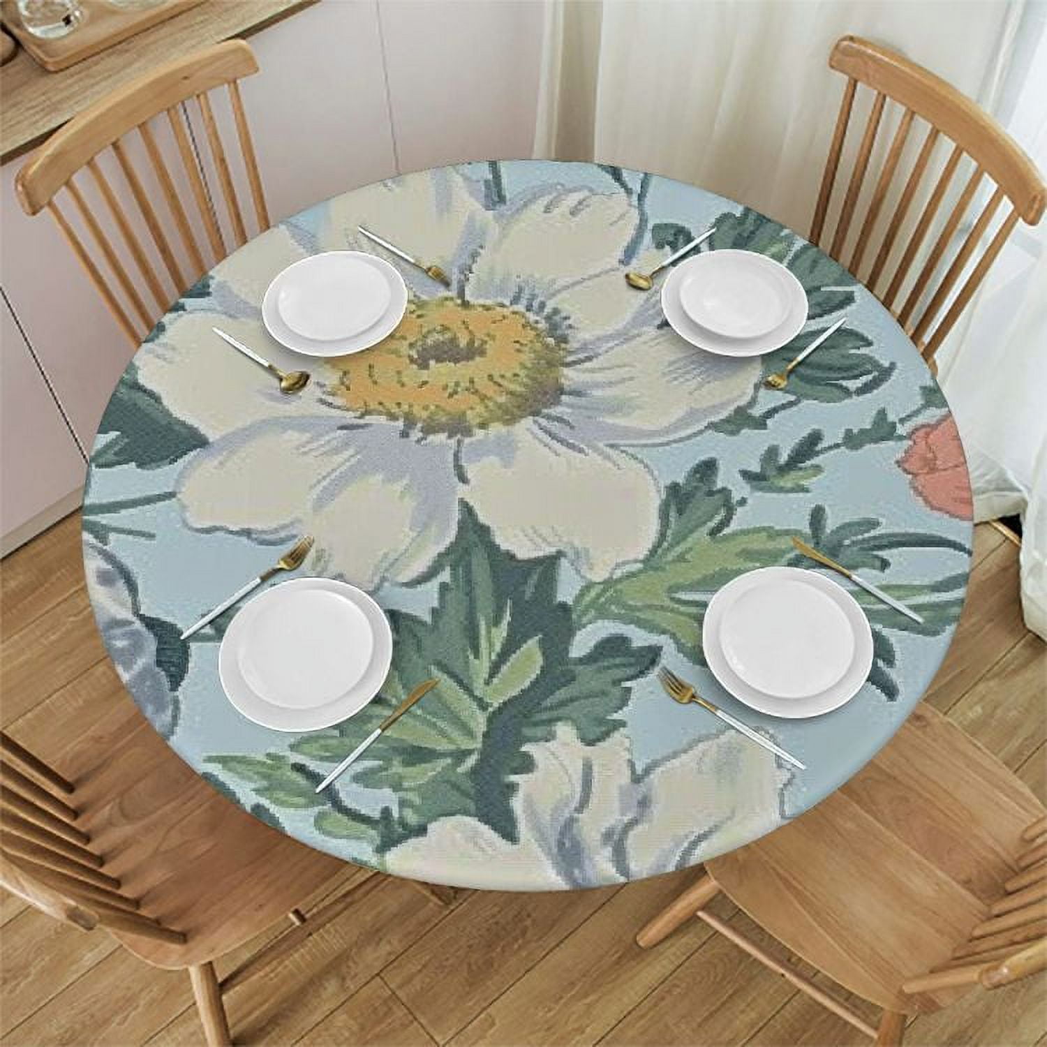 Vllo0ord Small White Daisies Round Fitted Tablecloth with Elastic Edge ...