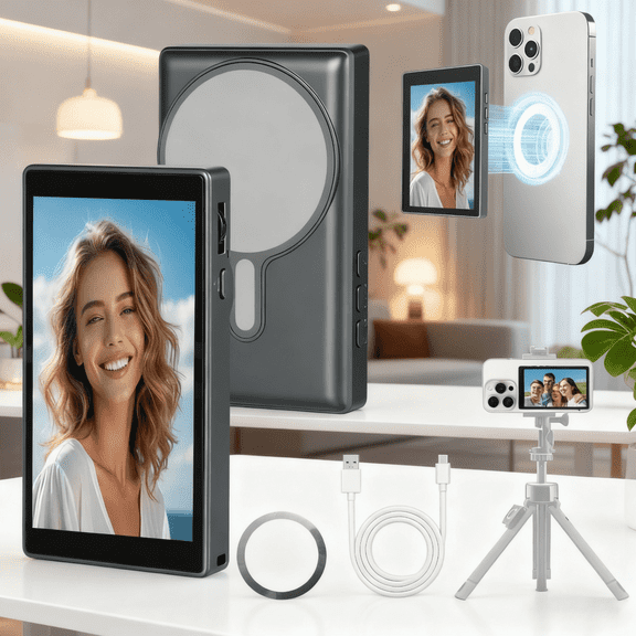 Vlog Selfie Monitor Screen for iPhone and Android, 4K/1080P Recording, Magnetic, Wireless Mirroring