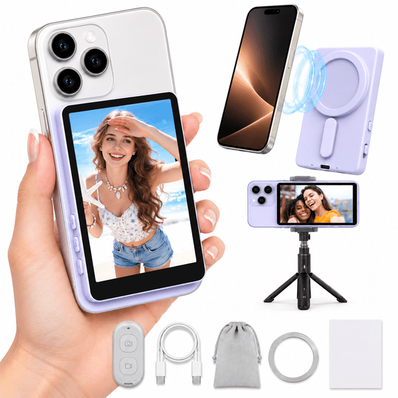 Vlog Selfie Monitor Screen for iPhone and Android, 4" Magnetic Wireless Back Camera Monitor with Remote Control, Phone Selfie Screen for TikTok Live Streaming Purple
