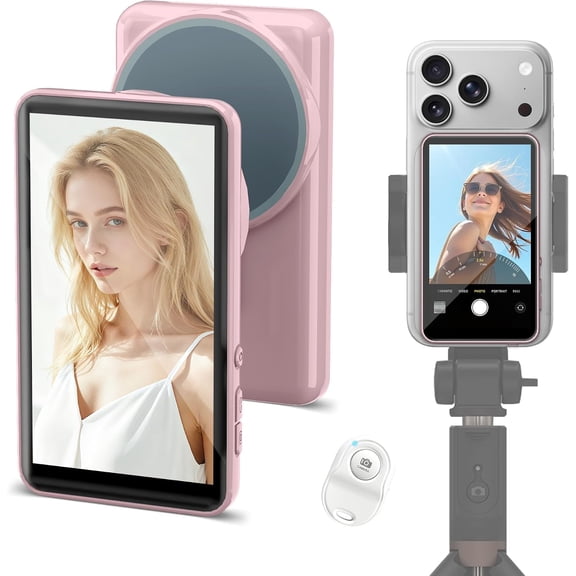Vlog Selfie Monitor Screen for iPhone & Android with Zoom/Remote/Speaker, Magnetic Phone Back Camera Selfie Monitor, Content Creator Essentials, Wireless Mirroring for YouTube Live Streaming,Pink