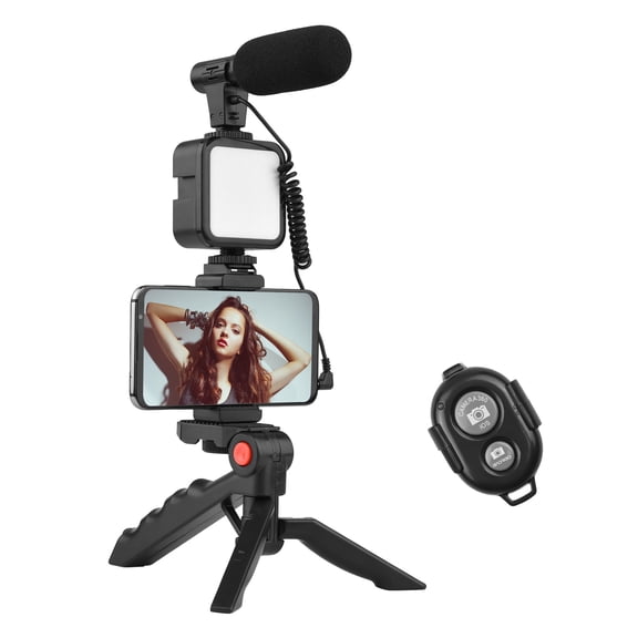 Phone Vlog Video Kit with Table Tripod Phone Holder with Cold Shoe Microphone LED Video Light Remote Shutter