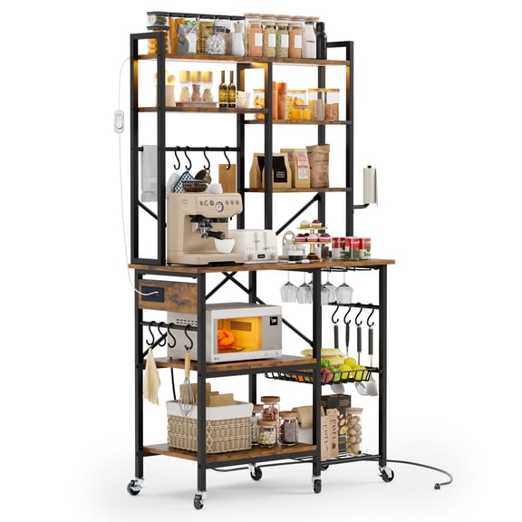 Vlogging 38" Bakers Rack with Power Outlet 6-Tier Kitchen Cart with 2 Outlets & 2 USB Ports, Coffee Bar Station with 12 Hooks, Pull-Out Basket, Mobile Microwave Stand