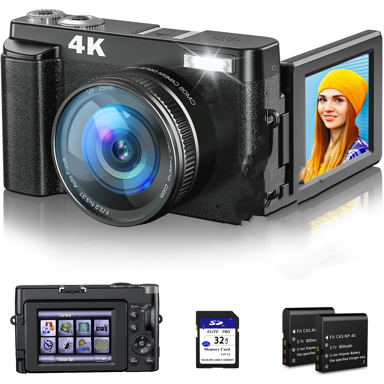 4K Digitale Camera 64MP - WiFi Vlogging Camera Met Flip Scherm En 32GB SD Kaart
