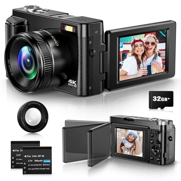 Vlogging Camera 4K Digital Camera with Autofocus, 180 Flip Screen 48MP Video Cameras Camcorder for Photography and YouTube, Includes 32GB Card, UV Lens & 16X Zoom (Black)