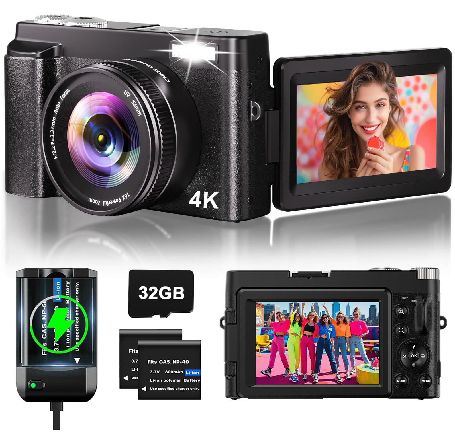 Vlogging Camera 4K Digital Cameras 48MP for Photography Autofocus 16X Digital Zoom for YouTube with 32GB Card