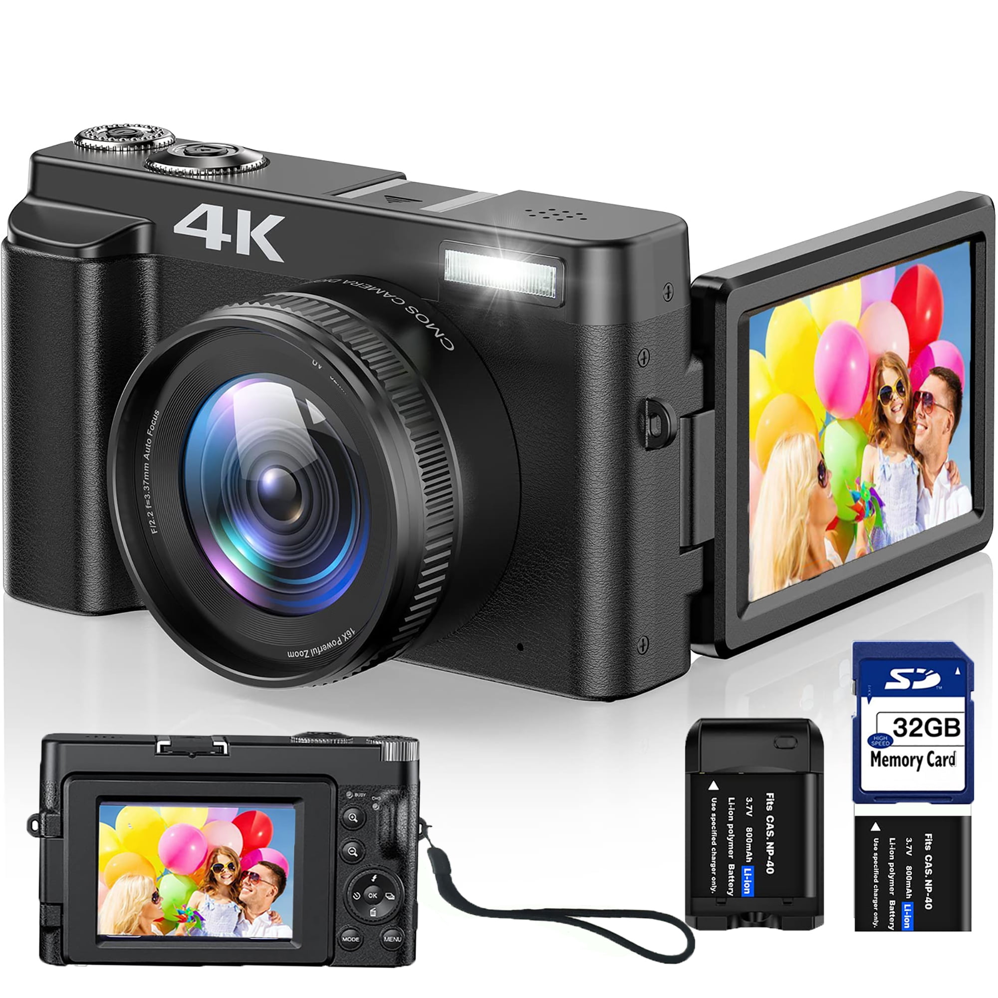 Digital Camera, Auto Focus FHD 4K Vlogging Camera with Dual Camera 48MP 16X  Digital Zoom Kids Compact Camera with 32GB Memory Card Portable Point and