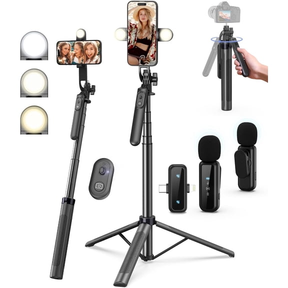 Vlogging Kit for /Android, 71" Selfie Stick Tripod for with Light, Remote & Microphone, Adjustable Phone Tripod for /YouTube Starter Content Creator Essentials Kit