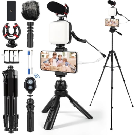 Vlogging Kit for , Android, YouTube Starter kit Content Creator Equipment with 60'' Extendable Fullsize Tripod, Soft Light and Microphone for Vlogging, YouTube,