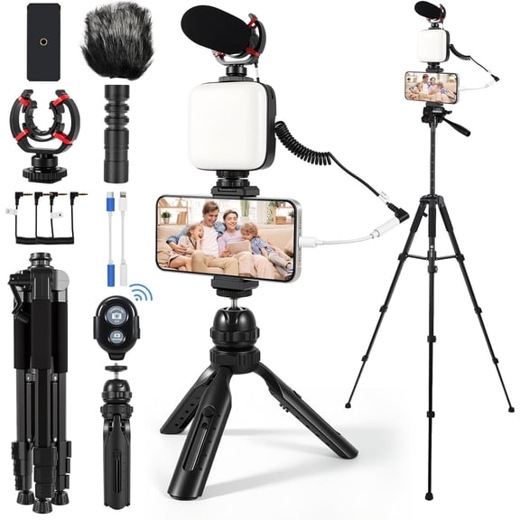 Vlogging Kit for , Android, YouTube Starter kit Content Creator Equipment with 60'' Extendable Fullsize Tripod, Soft Light and Microphone for Vlogging, YouTube,
