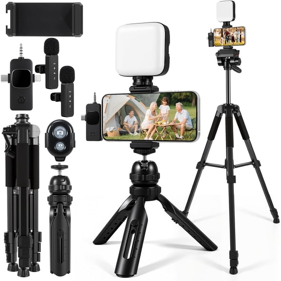 Vlogging Kit with Lavalier Microphone for , Android, YouTube Starter kit Content Creator Equipment with 60" Extendable Fullsize Tripod, Soft Light for Vlogging, YouTube,