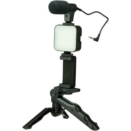 Vlogging Kit with Light and Microphone | Vlogging Pro Grip w/LED Lights & Mic Studio Bundle| Professional Grip, Mini Portable Tripod for Vlogging, TikTok, YouTube Videos | Works w/Phones, Cameras