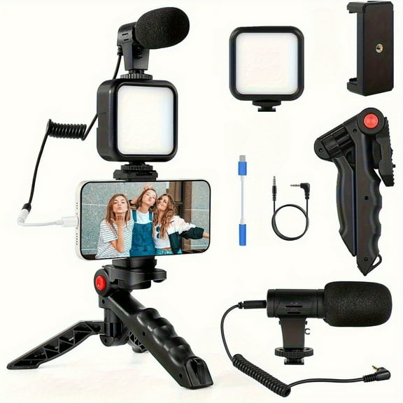 Vlogging Kit for Phone with Mini LED Video Light, Cardioid Microphone, Phone Clip & Tripod - Portable Setup for YouTube, Instagram, Video Calling, Streaming, Content Creation