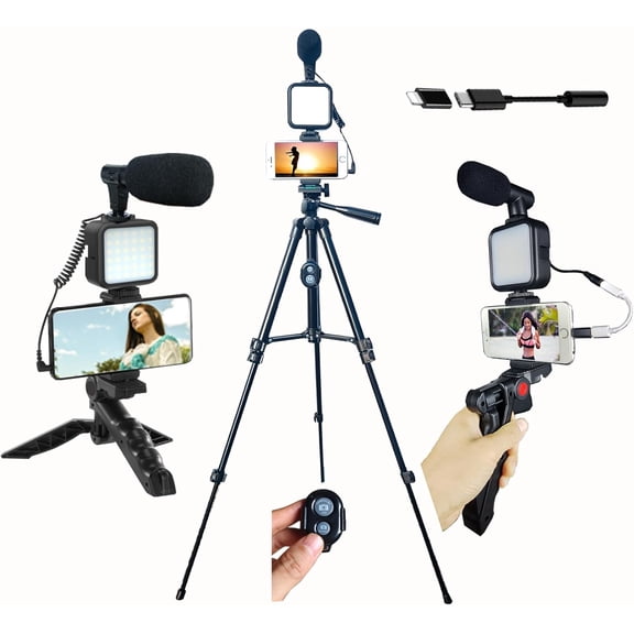 Vlogging Kit for iPhone, Vlogging kit for Android Phone,YouTube Starter Kit with Two Tripods Light Microphone Remote and Jack Adapter