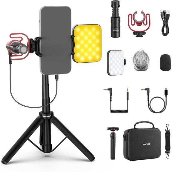 Vlogging Kit for iPhone and Android with Selfie Stick Tripod Microphone and LED Fill Light