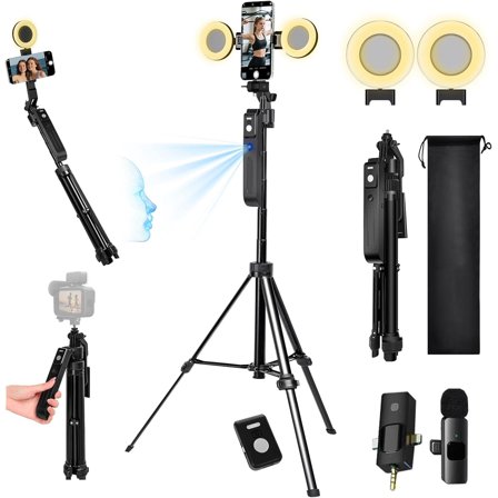 Vlogging Kit for iPhone/Andriod,70.9 Auto Face Tracking Tipod,360 Rotatable Selfie Stick Tripod, Content Creator Essentials, Yutube Starter Kit, Gesture Control w/Remote/Mic/Light