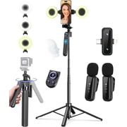 Vlogging Kit for iPhone/Android, 63  Auto Face Tracking Tripod for iPhone with Light, Wireless Microphones, Remote Control for TikTok, YouTube Starter Kit for Content Creator