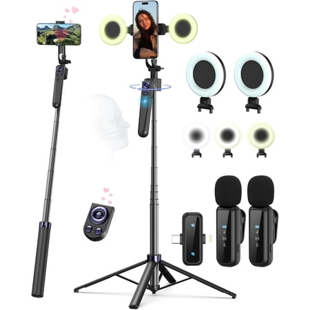 Vlogging Kit for iPhone/Android, 63”Auto Face Tracking Tripod for iPhone with Light, Wireless Microphones, Scrolling Remote Control for TikTok, Content Creator Kit for YouTube Starter