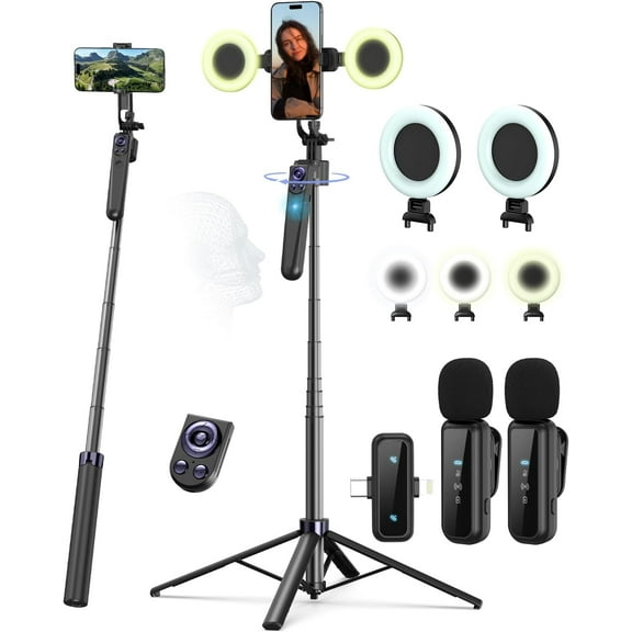 Vlogging Kit for iPhone/Android, 63Auto Face Tracking Tripod for iPhone with Light, Wireless Microphones, Scrolling Remote Control for TikTok, Content Creator Kit for YouTube Starter