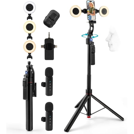 Vlogging Kit for iPhone/Android, 70Auto Face Tracking Tripod Auto-Open Tripod Stand for iPhone with Light, Wireless Microphones with Remote, YouTube Starter kit for TikTok, Vlogging